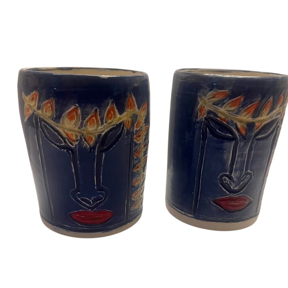 Pair of Hand Painted Wheel‎ Thrown Pottery Tiki Mugs Drinkware Cups